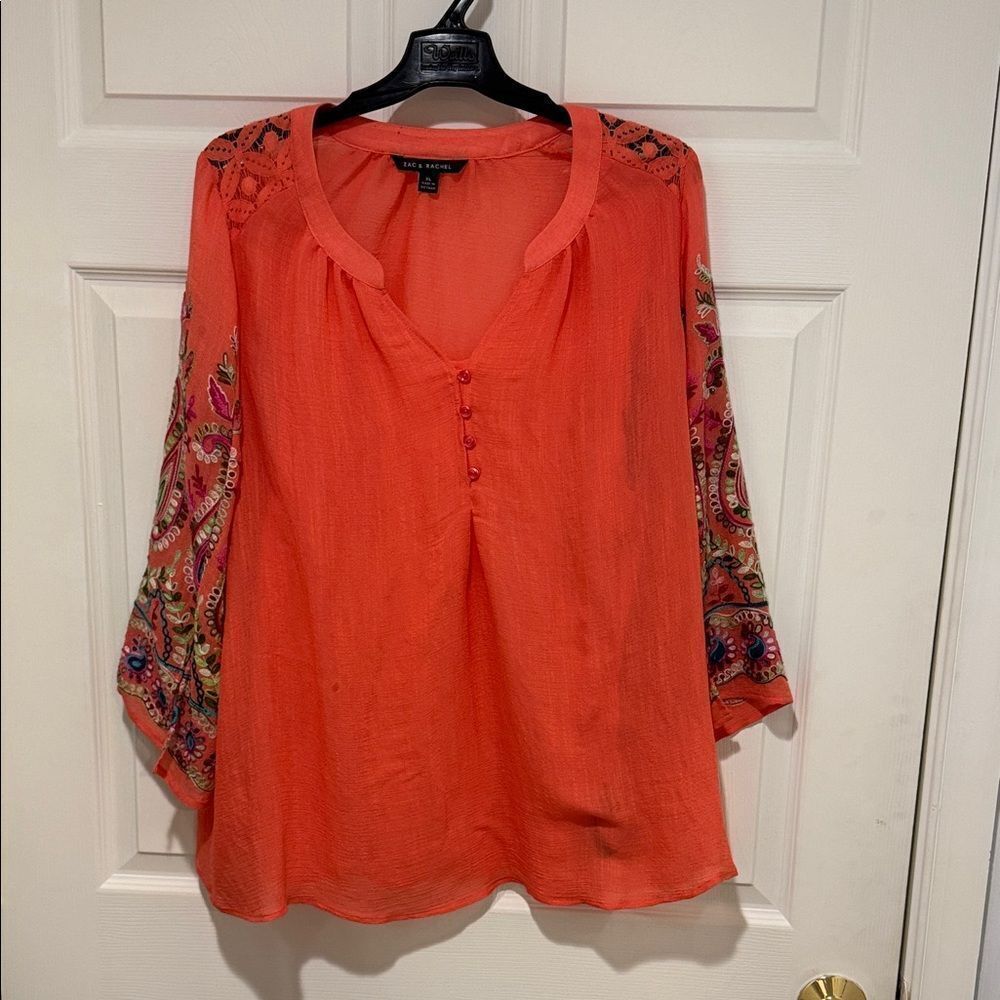 Zac & Rachel Vibrant Coral Blouse with Embroidery